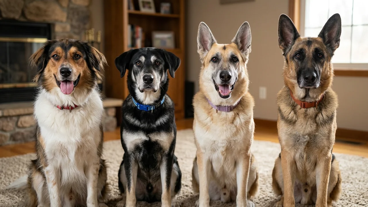 Four dogs from Jackie's pack sitting together in a living room.